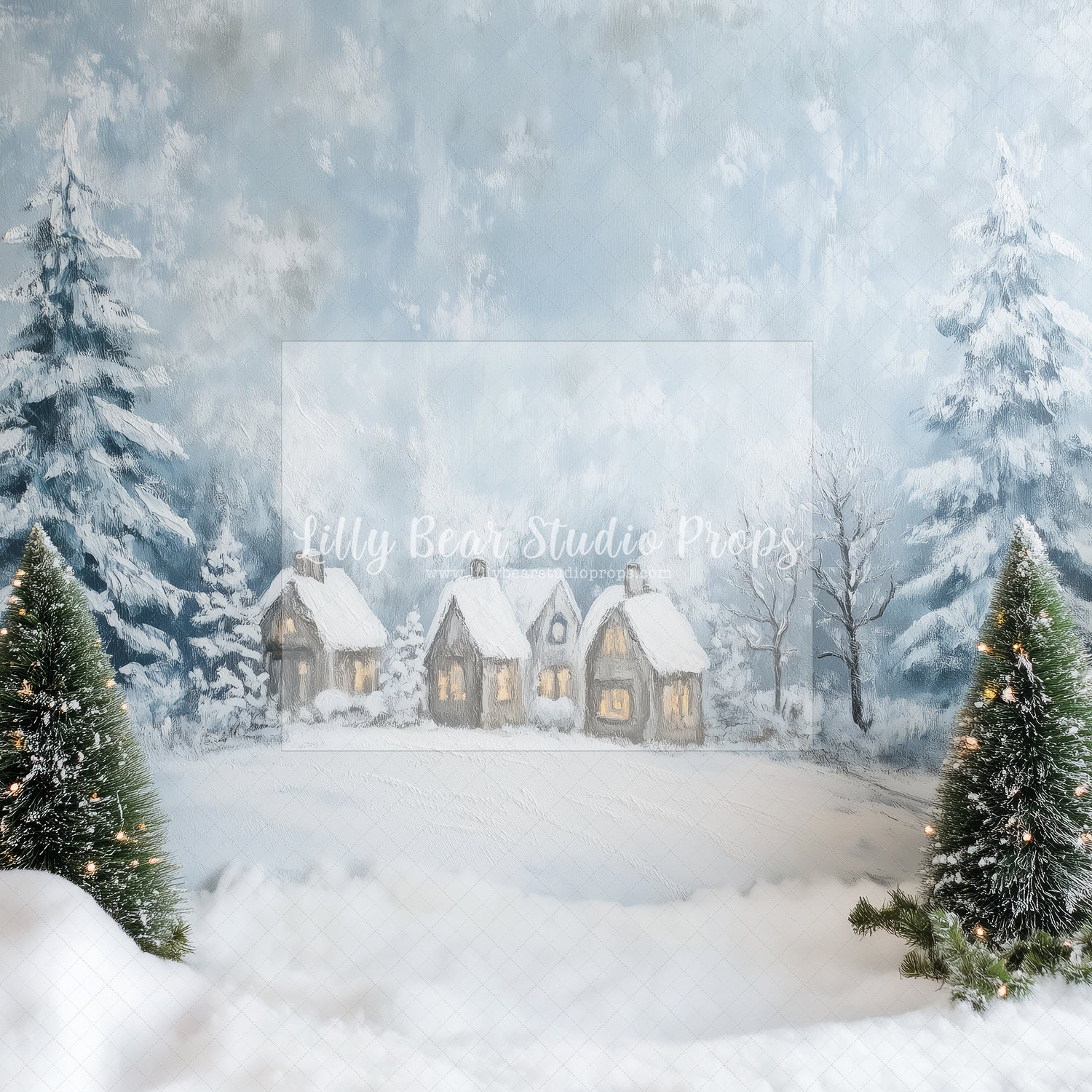 Snow Village and Pine Trees