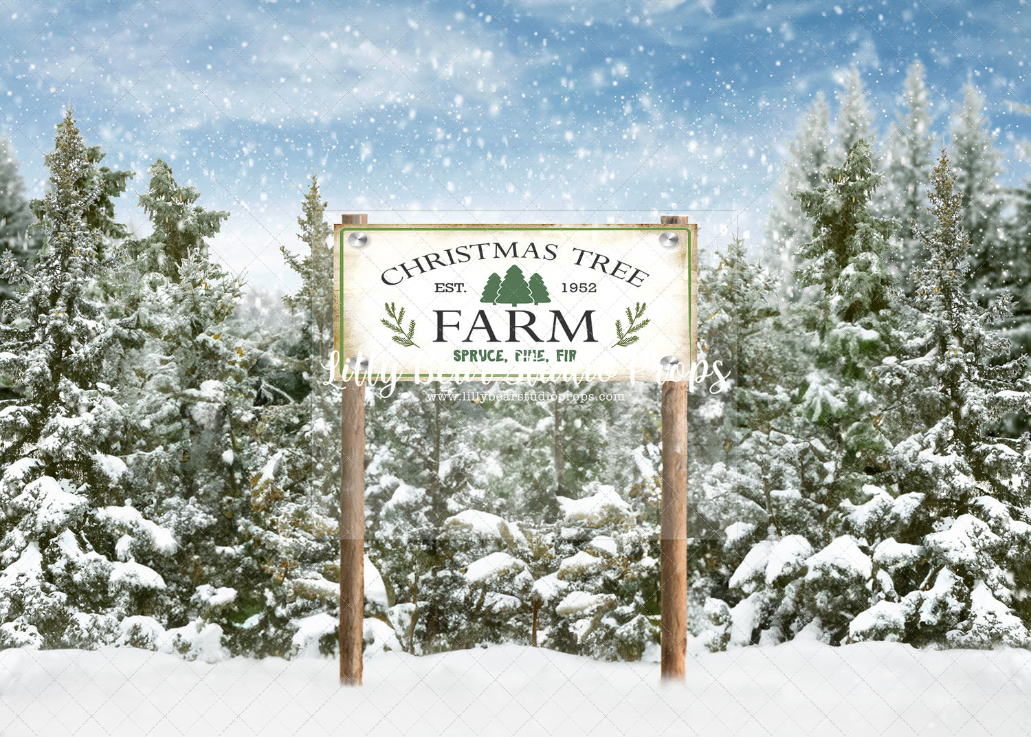 Snowy Tree Line with Sign