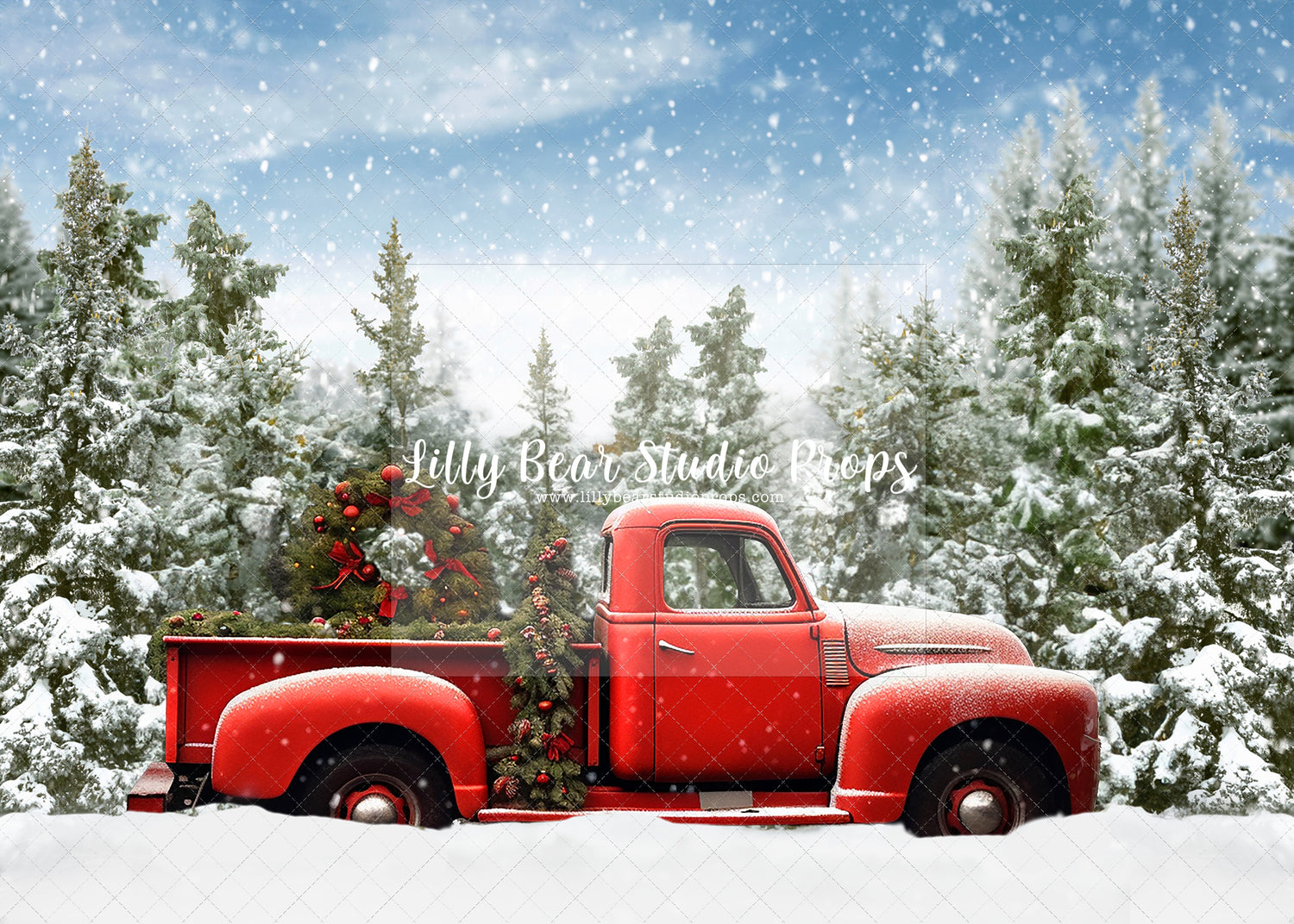 Snowy Tree Line with Truck