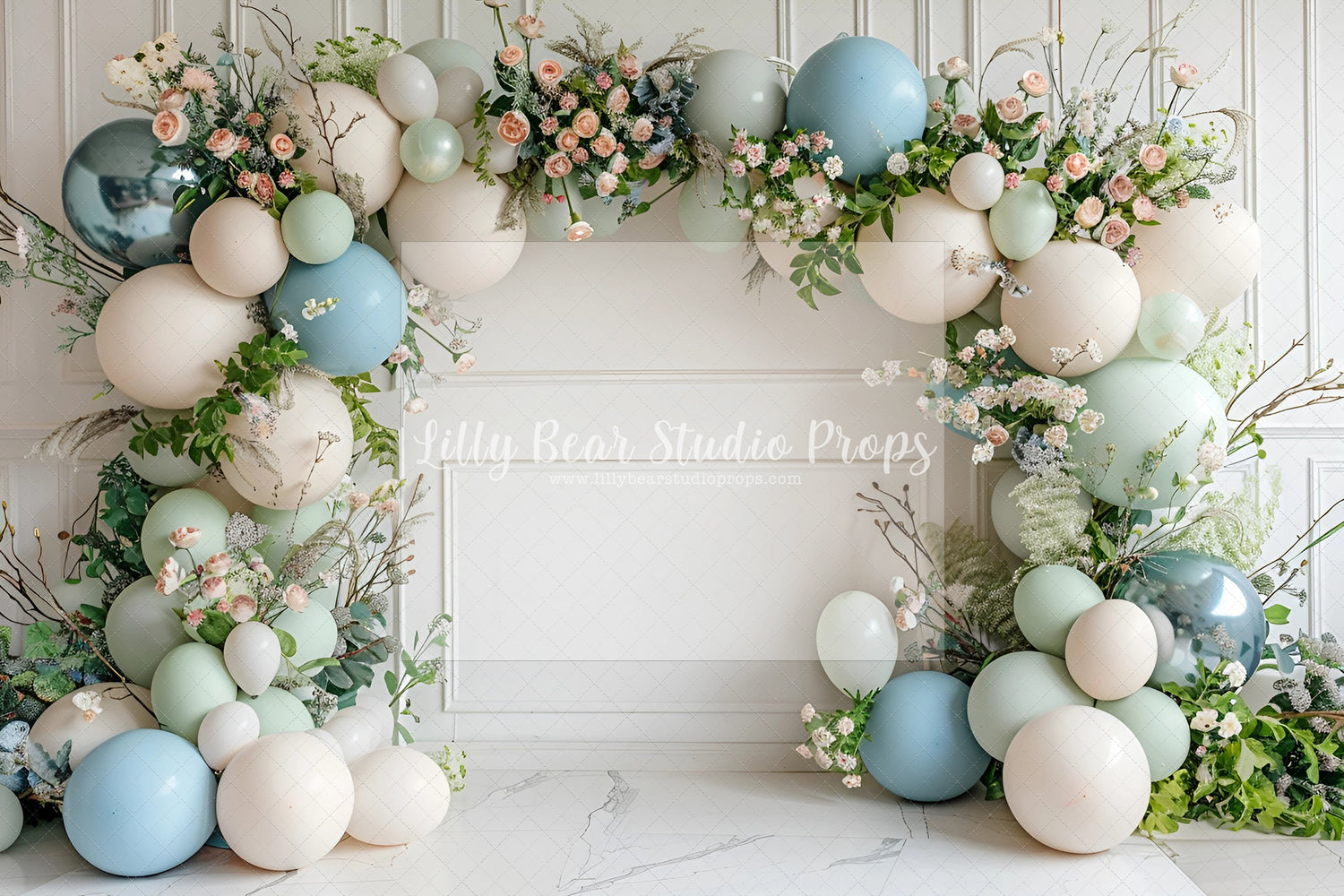 Soft Blue and Soft Mint Floral Balloon Arch