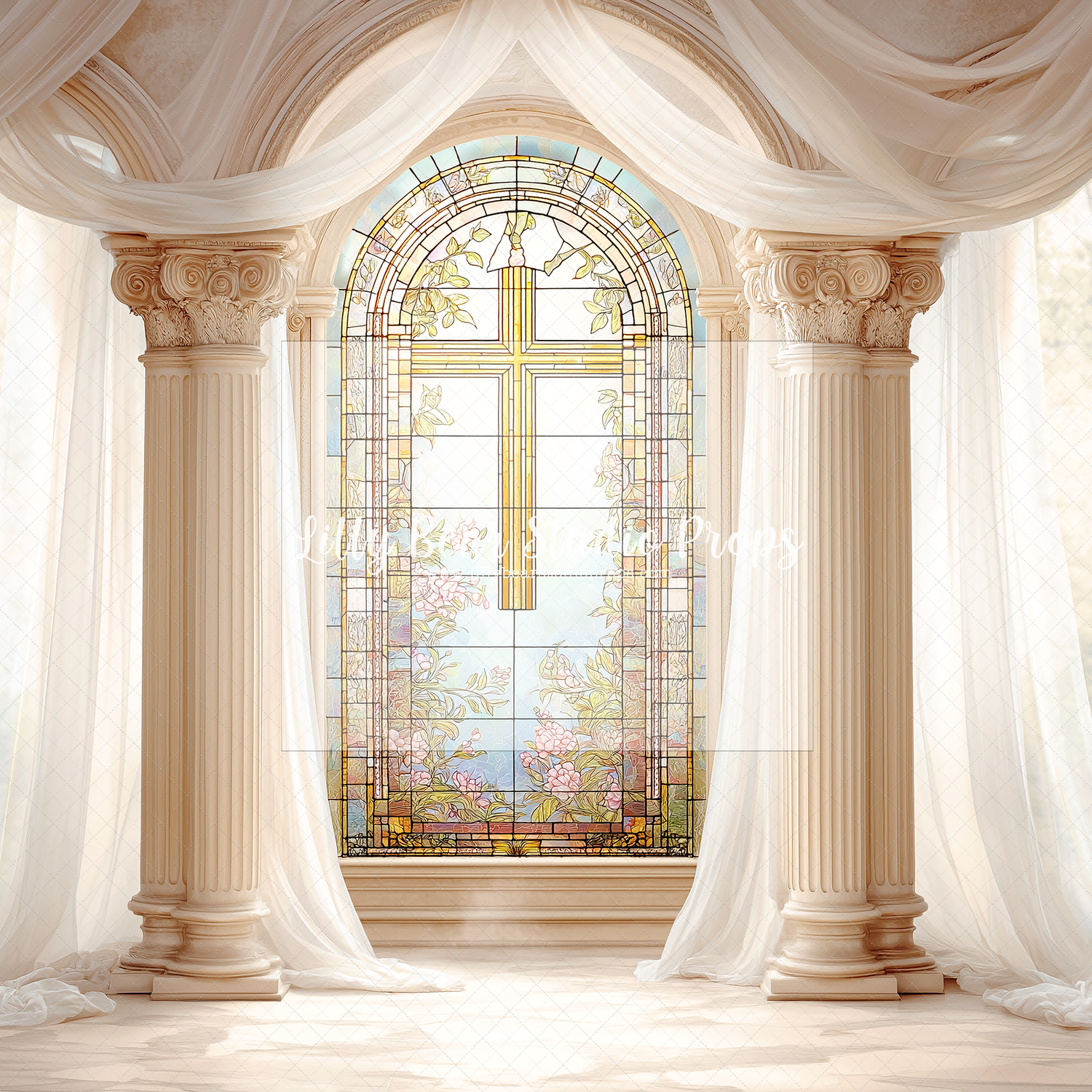 Stain Glass Cross and Curtain Draping - Sweep Option