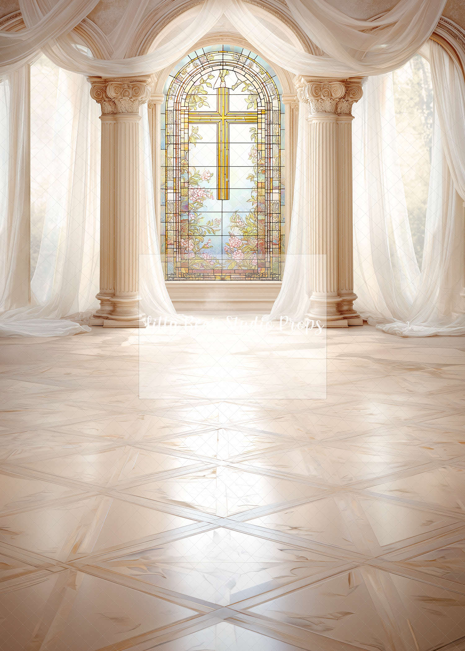 Stain Glass Cross and Curtain Draping - Sweep Option