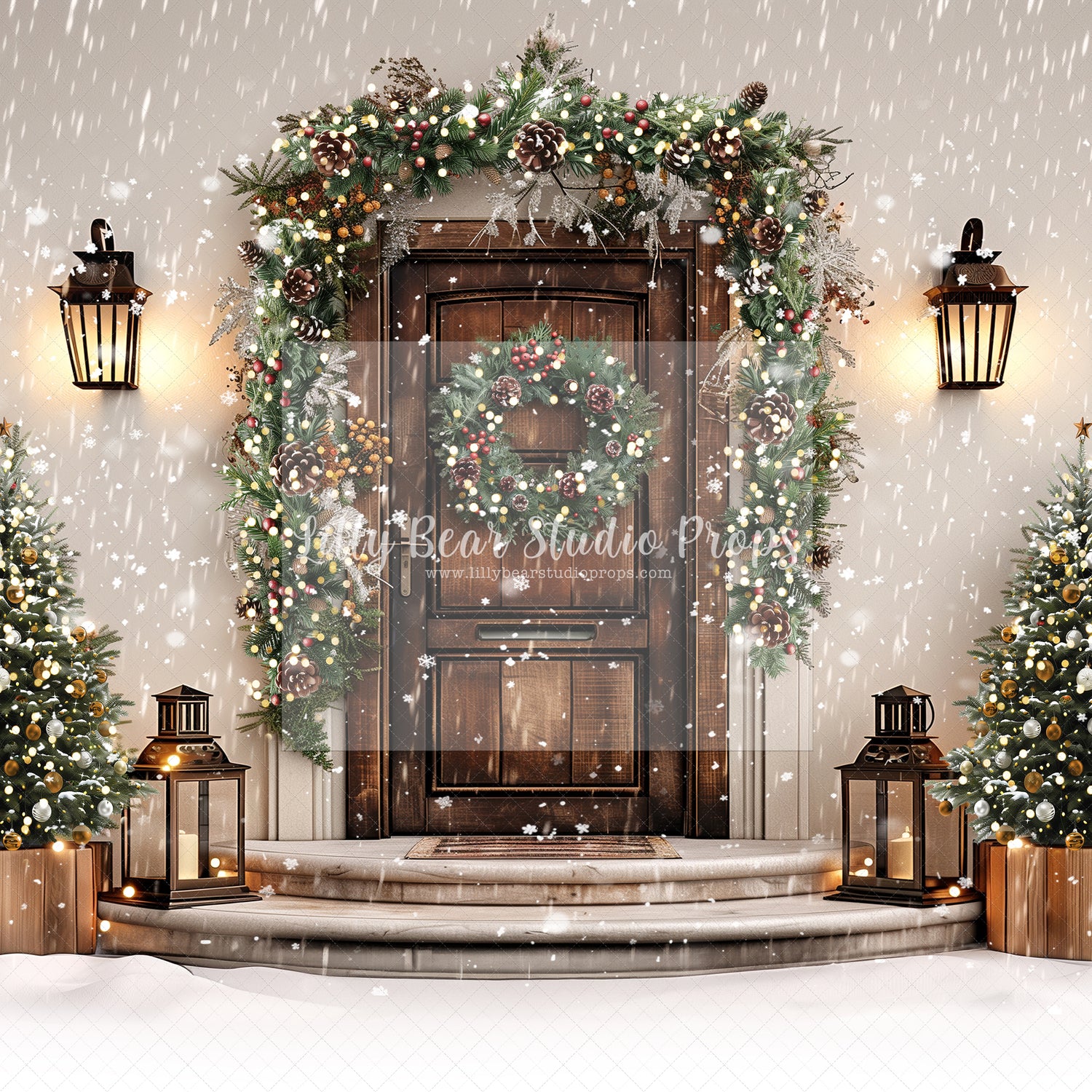 Winter Cozy Courtyard Door W/Lights - 10x7' Wrinkle Free Fabric RTS