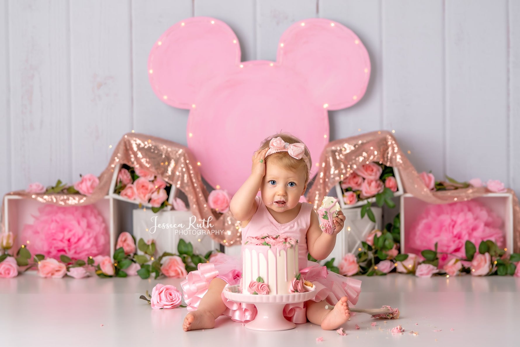 Minnie Roses - Lilly Bear Studio Props, balloon, balloon garland, bow-tique, bowtique, castle, disney, disney world, disneyland, FABRICS, girl, mickey ears, mickey mouse, minnie, minnie mouse, minnie mouse bow, minnie mouse garden, minnie topiary, minnie's bowtique, pink, pink and gold, pink minnie, princess