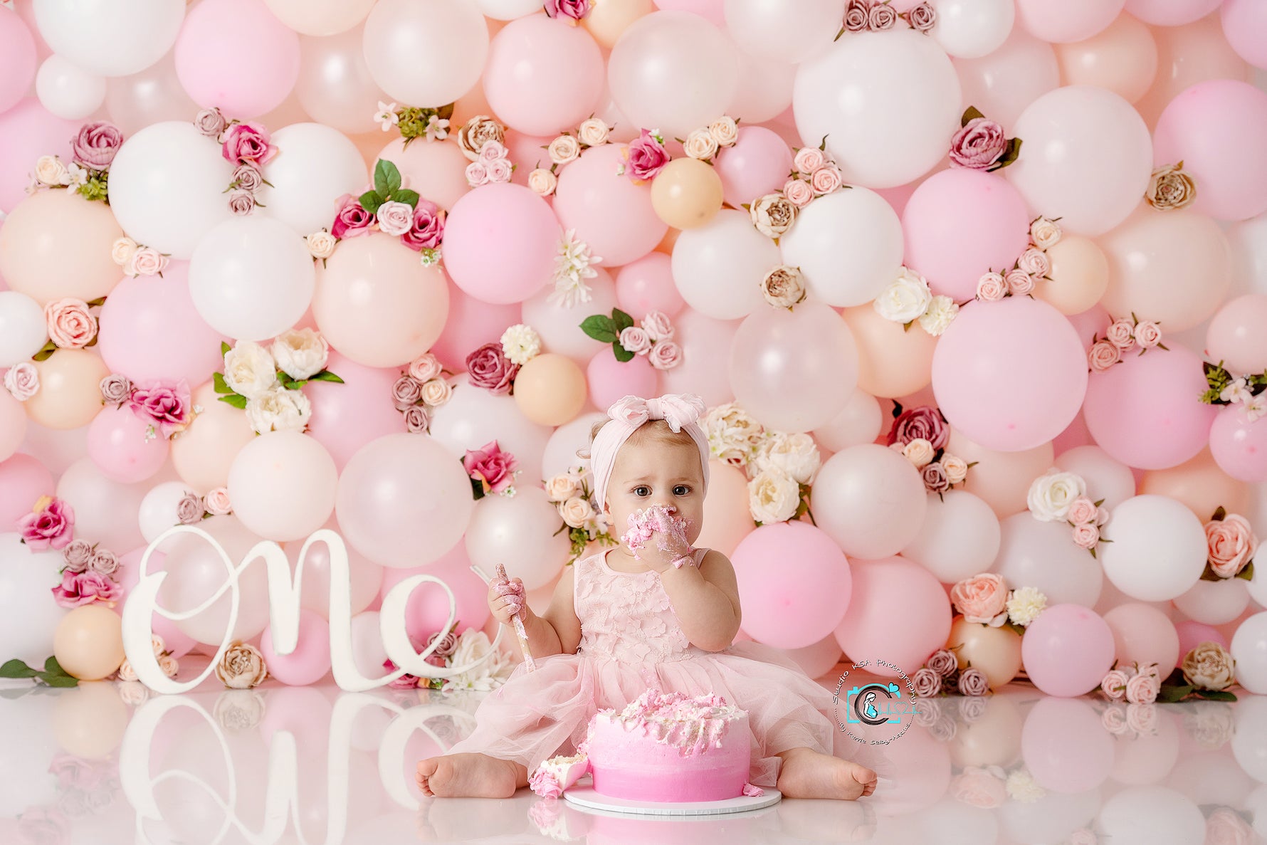 Amora - Lilly Bear Studio Props, balloon rainbow, balloon wall, balloon wall with floral, daisies, floral balloon wall, glitter rainbow, gold rainbow, palm leaves, pastel rainbow, pink balloon garland, pink balloons, pink rainbow, strawberry seeds, white daisies