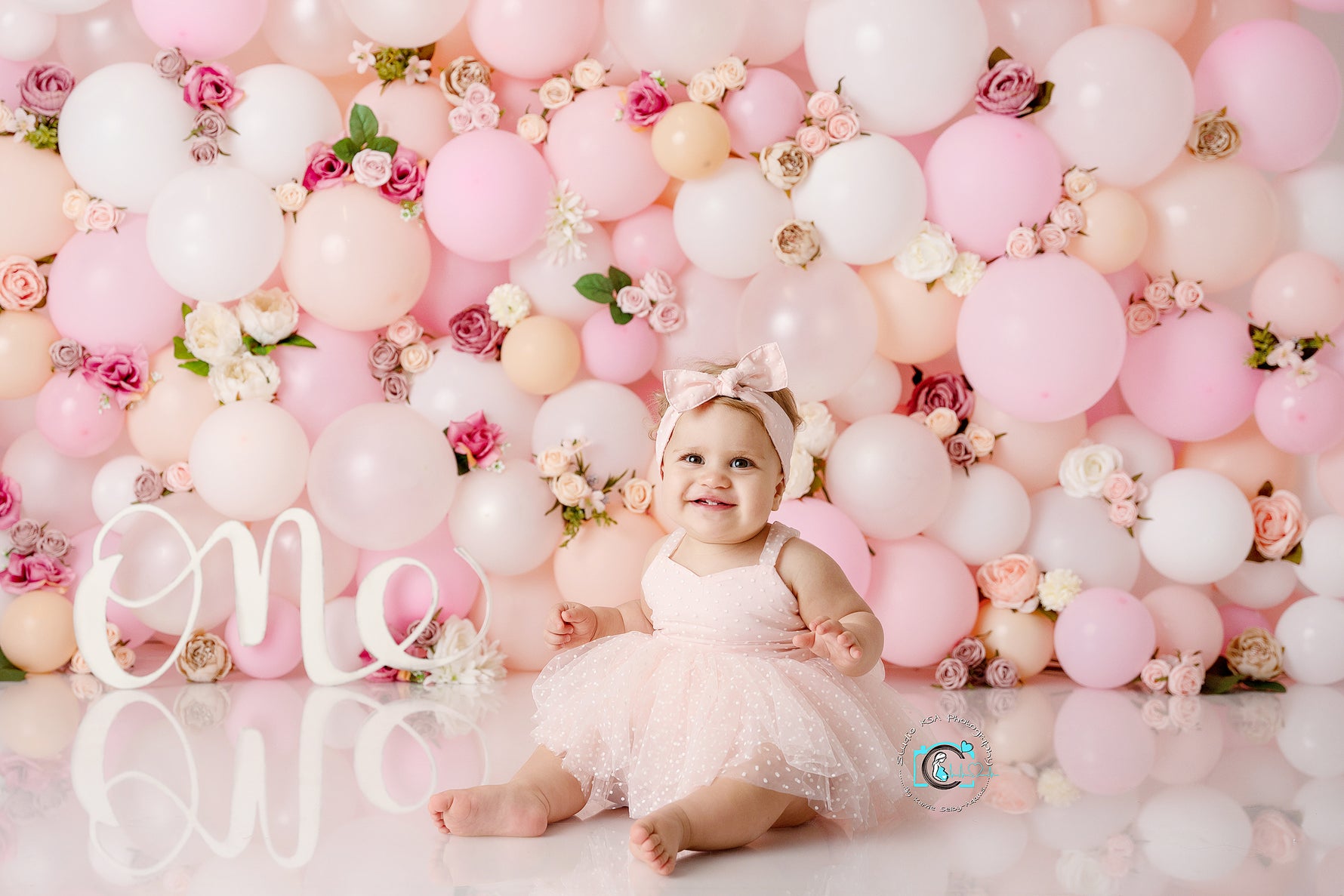 Amora - Lilly Bear Studio Props, balloon rainbow, balloon wall, balloon wall with floral, daisies, floral balloon wall, glitter rainbow, gold rainbow, palm leaves, pastel rainbow, pink balloon garland, pink balloons, pink rainbow, strawberry seeds, white daisies