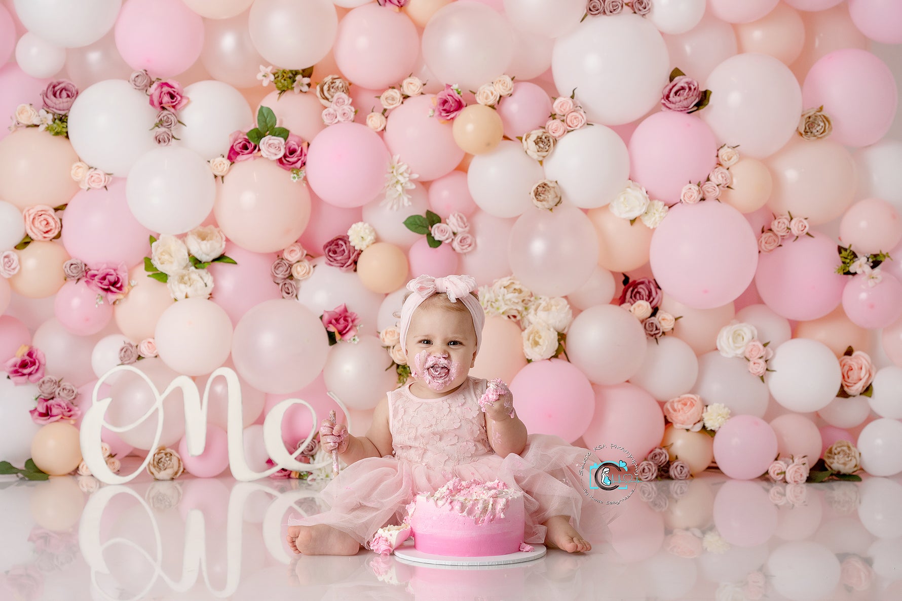 Amora - Lilly Bear Studio Props, balloon rainbow, balloon wall, balloon wall with floral, daisies, floral balloon wall, glitter rainbow, gold rainbow, palm leaves, pastel rainbow, pink balloon garland, pink balloons, pink rainbow, strawberry seeds, white daisies