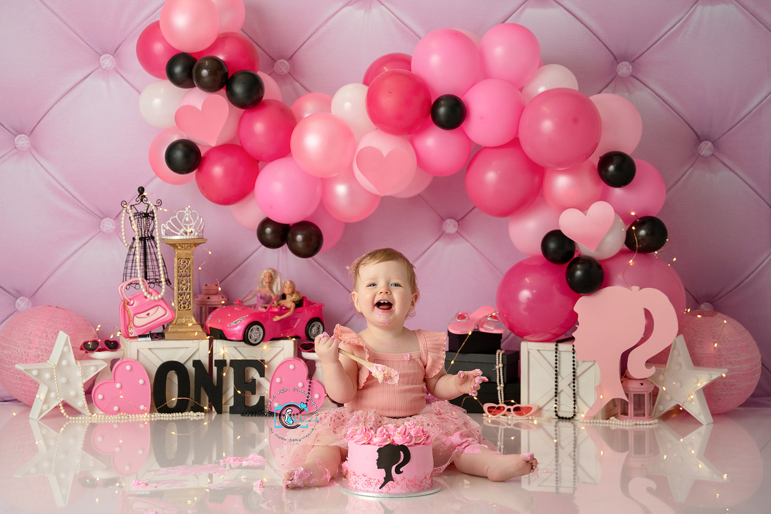 Barbie and Stacey - Lilly Bear Studio Props, barbie, barbie balloons, barbie doll, barbie girl, pink and black, Wrinkle Free Fabric