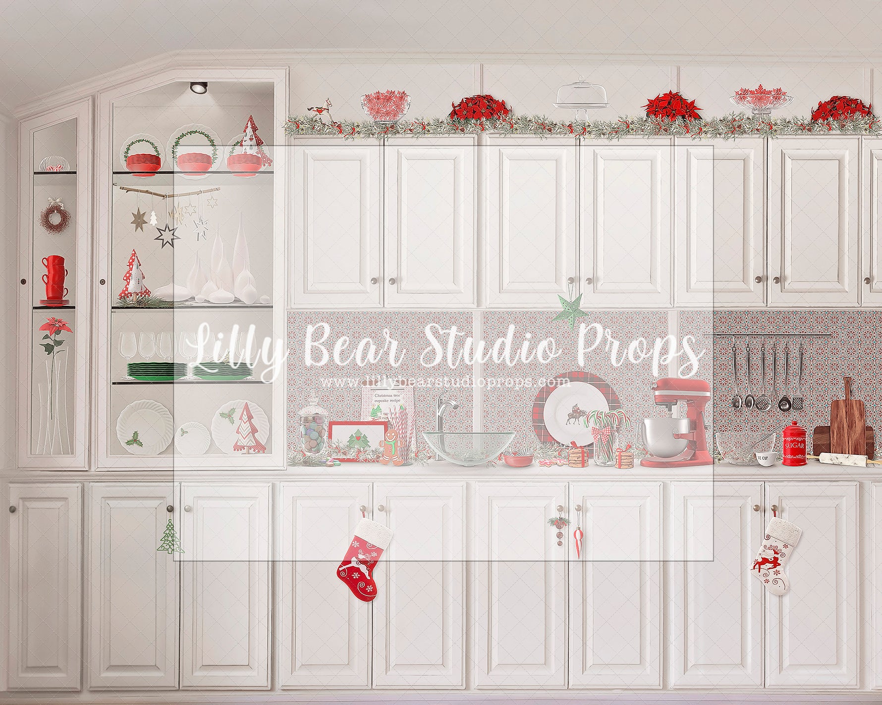 Frosty White Kitchen - Lilly Bear Studio Props, christmas, Cozy, Decorated, Festive, Giving, Holiday, Holy, Hopeful, Joyful, Merry, Peaceful, Peacful, Red & Green, Seasonal, Winter, Xmas, Yuletide