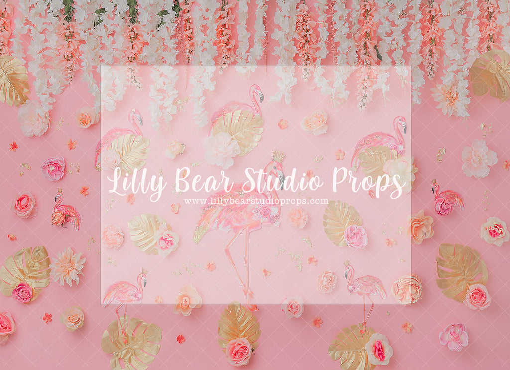 Flamingo Pretty - Lilly Bear Studio Props, Fabric, FABRICS, flamingo, gold palm leaves, hawaii, hawaiian, palm leaves, pink tropical, tropical