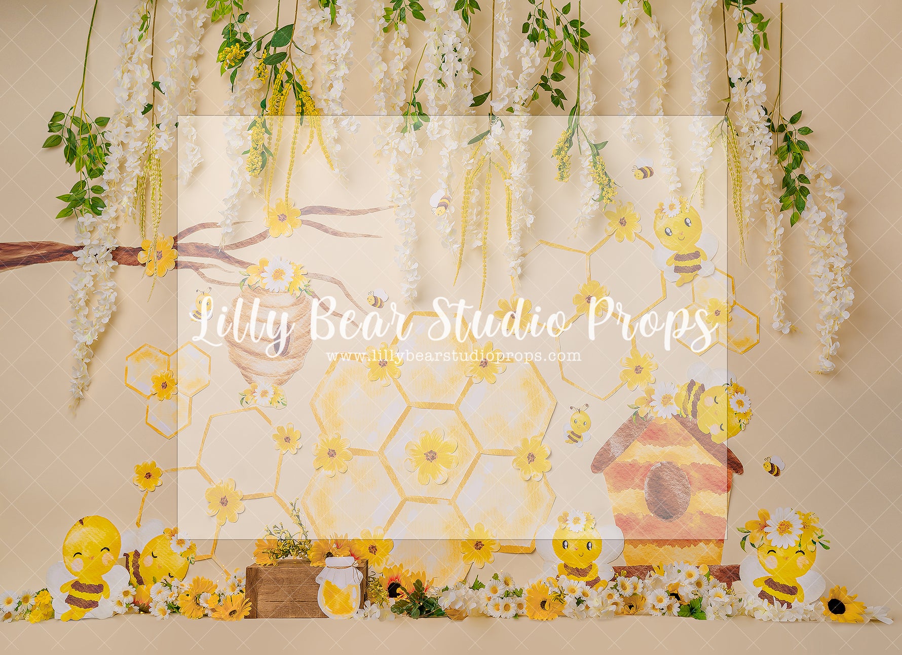 Honey Bee Floral - Lilly Bear Studio Props, bee hive, Fabric, FABRICS, honey, honey bees, honey comb, honey comb nest, honey flower, honey jar, honey pot, whisteria