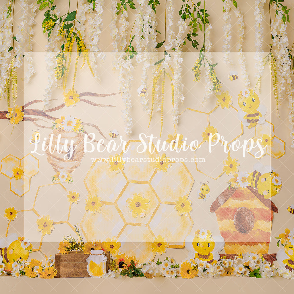 Honey Bee Floral - Lilly Bear Studio Props, bee hive, Fabric, FABRICS, honey, honey bees, honey comb, honey comb nest, honey flower, honey jar, honey pot, whisteria