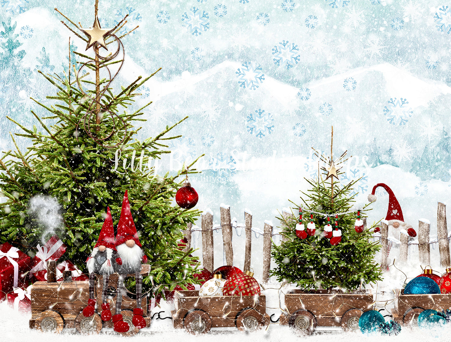 Winter Gnomes - Lilly Bear Studio Props, camper, candles, christmas, christmas kitchen, christmas snow, christmas window, Fabric, FABRICS, kitchen, red curtains, tree farm, winter, wreath