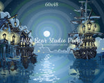 A Pirates Life For Me - 84x60" Wrinkle Free Fabric RTS - Lilly Bear Studio Props, captain, captain hook, disney, Fabric, fantasy, moon, neverland, night, night sky, peter pan, pirate, pirate ship, pirates, ship, stars, Wrinkle Free Fabric