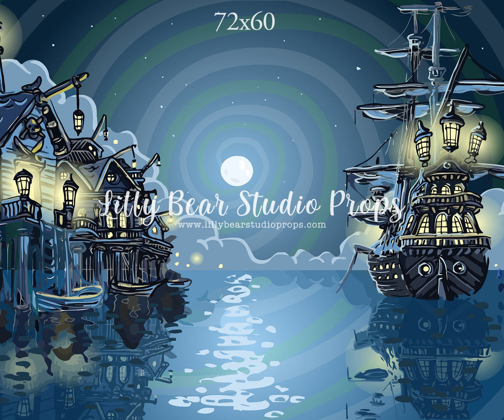 A Pirates Life For Me - 84x60" Wrinkle Free Fabric RTS - Lilly Bear Studio Props, captain, captain hook, disney, Fabric, fantasy, moon, neverland, night, night sky, peter pan, pirate, pirate ship, pirates, ship, stars, Wrinkle Free Fabric