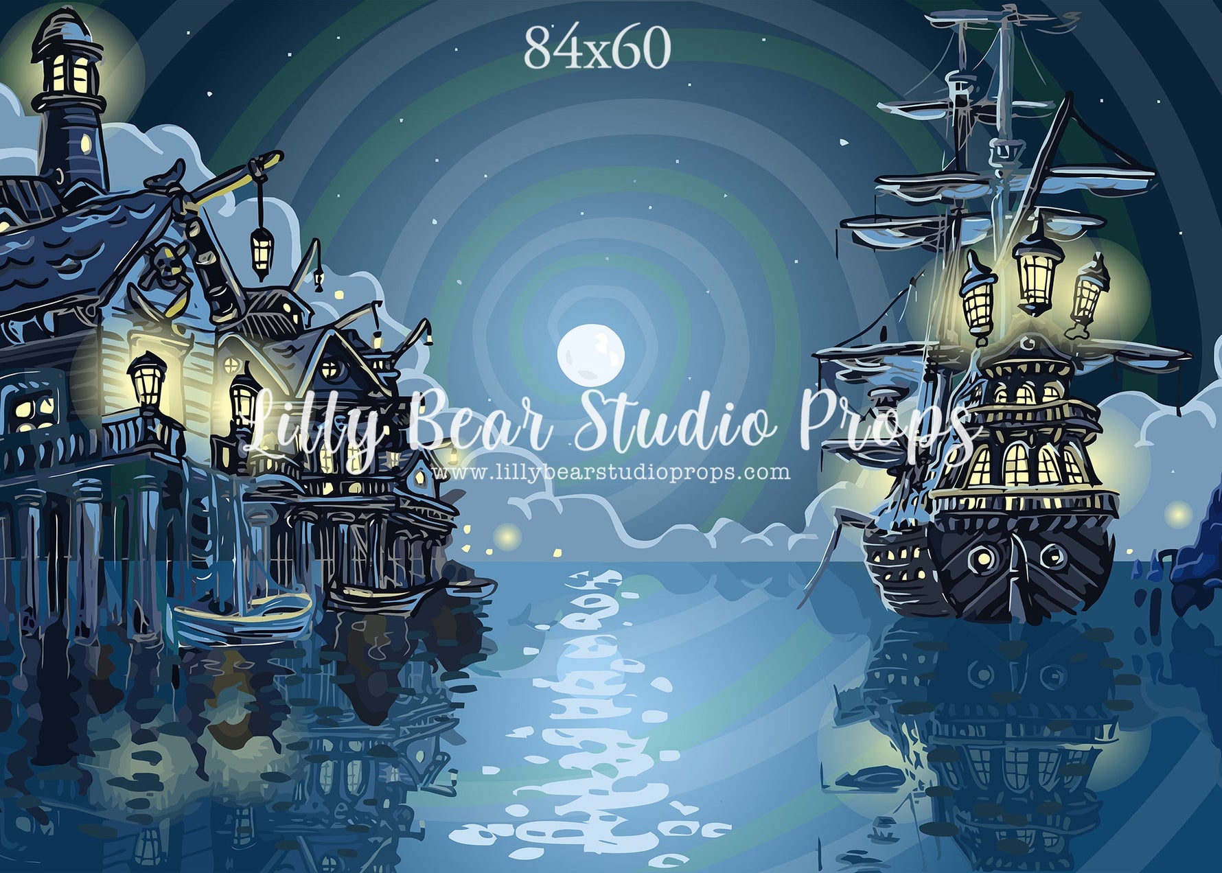 A Pirates Life For Me - 84x60" Wrinkle Free Fabric RTS - Lilly Bear Studio Props, captain, captain hook, disney, Fabric, fantasy, moon, neverland, night, night sky, peter pan, pirate, pirate ship, pirates, ship, stars, Wrinkle Free Fabric