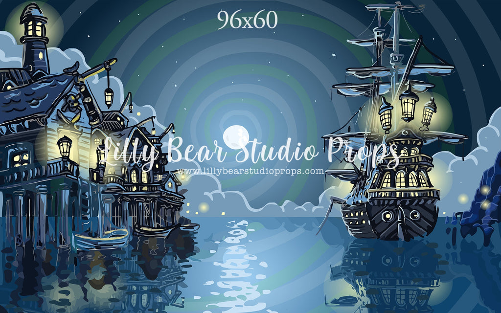 A Pirates Life For Me - 84x60" Wrinkle Free Fabric RTS - Lilly Bear Studio Props, captain, captain hook, disney, Fabric, fantasy, moon, neverland, night, night sky, peter pan, pirate, pirate ship, pirates, ship, stars, Wrinkle Free Fabric