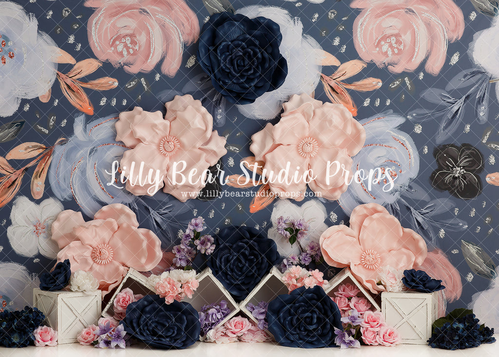 Adalee Flowers - Lilly Bear Studio Props, blue and pink, fabric, floral, girls, large flowers, navy, navy and pink, navy blue, navy floral, navy flowers, pink, pink floral, pink flower, poly, purple, purple flowers, purple watercolour, vinyl, watercolour, Wrinkle Free Fabric