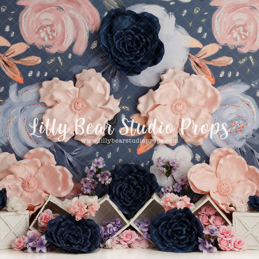 Adalee Flowers - Lilly Bear Studio Props, blue and pink, fabric, floral, girls, large flowers, navy, navy and pink, navy blue, navy floral, navy flowers, pink, pink floral, pink flower, poly, purple, purple flowers, purple watercolour, vinyl, watercolour, Wrinkle Free Fabric