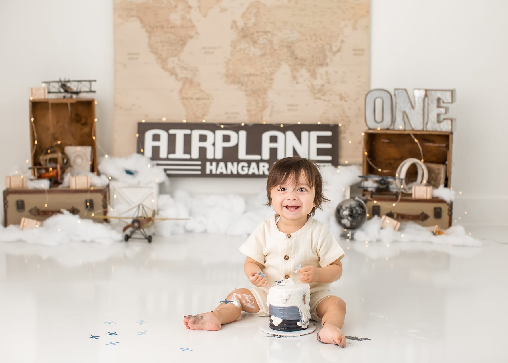 Airplane Hanger - Lilly Bear Studio Props, airplane, airplane hanger, airplanes, aviator, explorer, Fabric, FABRICS, globe, hanger, map, maps, ocean map, stars, travel, vintage map, world traveler, Wrinkle Free Fabric