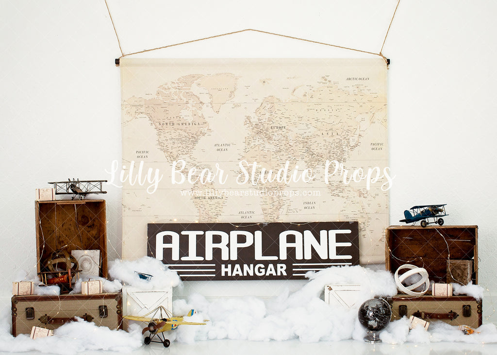 Airplane Hanger - Lilly Bear Studio Props, airplane, airplane hanger, airplanes, aviator, explorer, Fabric, FABRICS, globe, hanger, map, maps, ocean map, stars, travel, vintage map, world traveler, Wrinkle Free Fabric