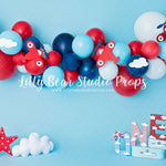 Airplane One Garland - Lilly Bear Studio Props, airplane, airplane balloons, airplane garland, airplane one, airplanes, all stars, balloon, balloon arch, balloon garland, blue balloons, clouds, clouds and stars, Fabric, navy balloons, ONE, puffy clouds, red balloons, red star, red stars, travel, traveller, white balloons, Wrinkle Free Fabric