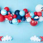 Airplanes, Stars & Clouds Garland - Lilly Bear Studio Props, airplane, airplane balloons, airplane garland, airplane one, airplanes, all stars, balloon, balloon arch, balloon garland, blue balloons, clouds, clouds and stars, Fabric, navy balloons, ONE, puffy clouds, red balloons, red star, red stars, travel, traveller, white balloons, Wrinkle Free Fabric