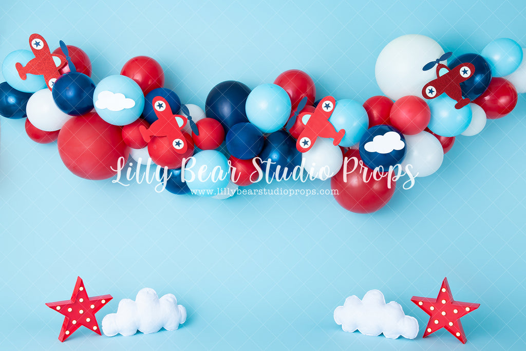 Airplanes, Stars & Clouds Garland - Lilly Bear Studio Props, airplane, airplane balloons, airplane garland, airplane one, airplanes, all stars, balloon, balloon arch, balloon garland, blue balloons, clouds, clouds and stars, Fabric, navy balloons, ONE, puffy clouds, red balloons, red star, red stars, travel, traveller, white balloons, Wrinkle Free Fabric