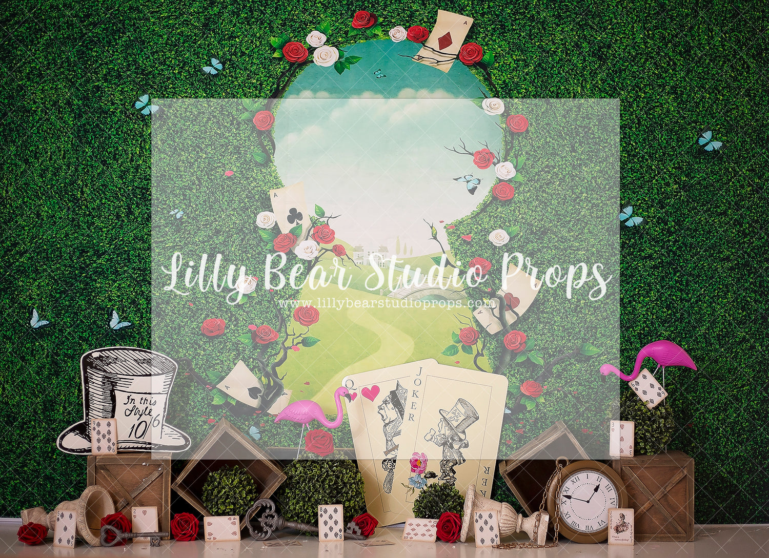 Alice's View - Lilly Bear Studio Props, alice, alice in wonderland, cards, chesire cat, clocks, down the rabbit hole, FABRICS, mad hatter, playing cards, queen, queen of hearts, rabbit, red queen, this way, time, tweedledee, wonderland, wrong way
