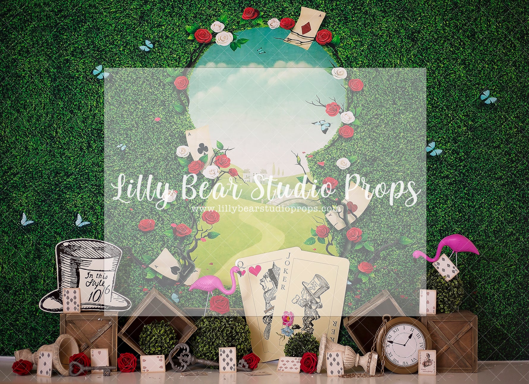 Alice's View - Lilly Bear Studio Props, alice, alice in wonderland, cards, chesire cat, clocks, down the rabbit hole, FABRICS, mad hatter, playing cards, queen, queen of hearts, rabbit, red queen, this way, time, tweedledee, wonderland, wrong way