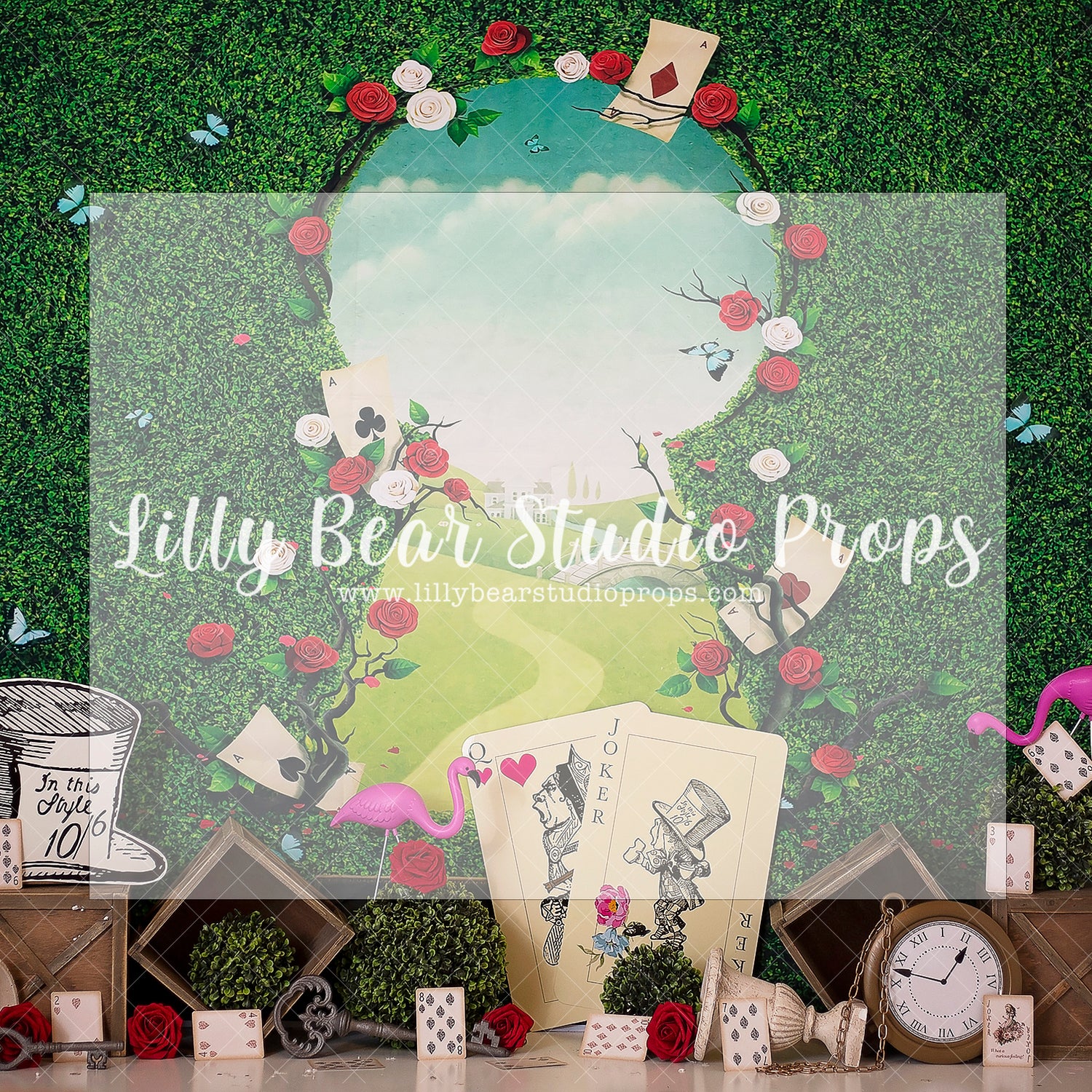 Alice's View - Lilly Bear Studio Props, alice, alice in wonderland, cards, chesire cat, clocks, down the rabbit hole, FABRICS, mad hatter, playing cards, queen, queen of hearts, rabbit, red queen, this way, time, tweedledee, wonderland, wrong way