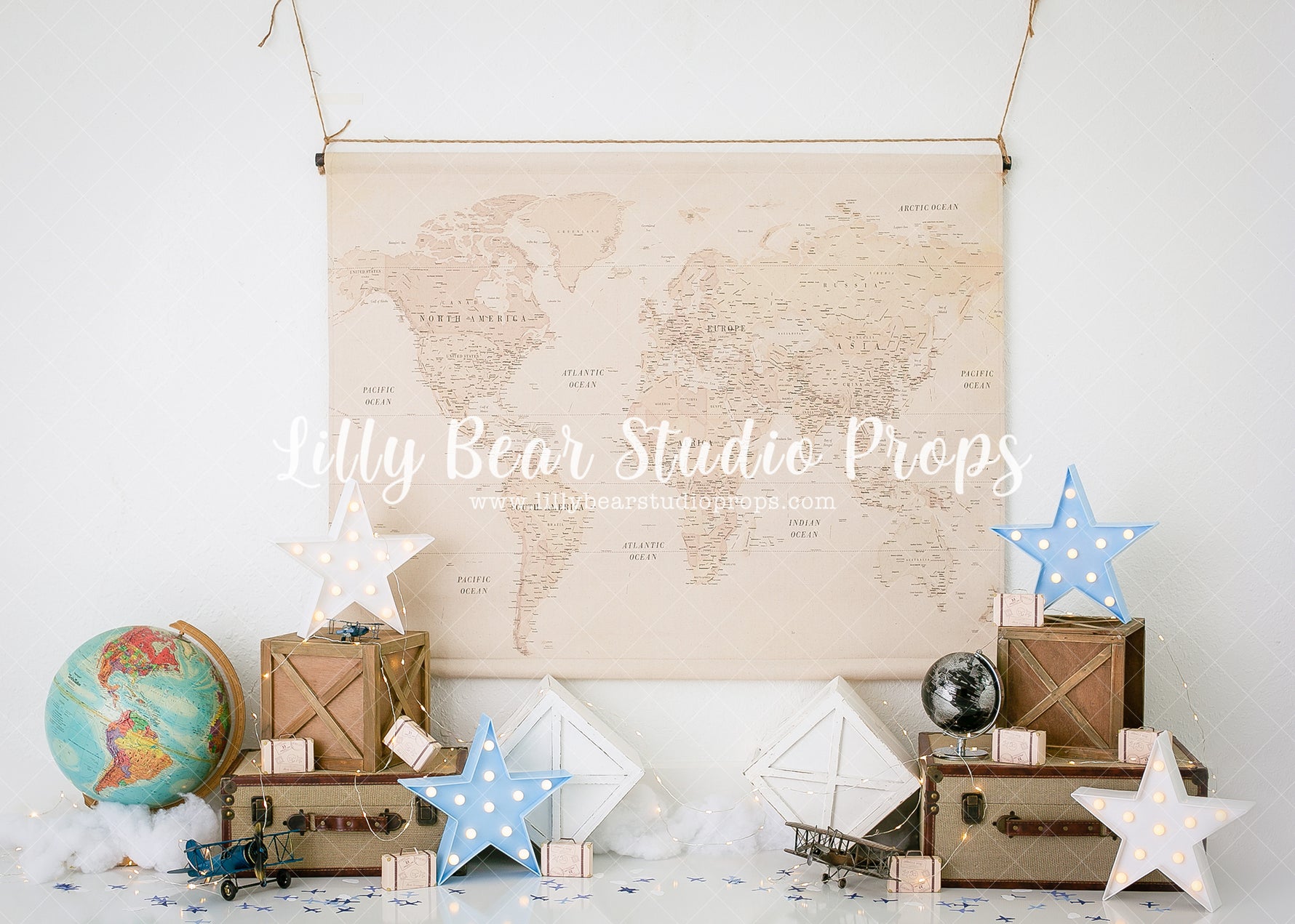 All Around The World - Lilly Bear Studio Props, airplane, airplanes, aviator, explorer, Fabric, FABRICS, globe, map, maps, ocean map, stars, travel, vintage map, world traveler, Wrinkle Free Fabric