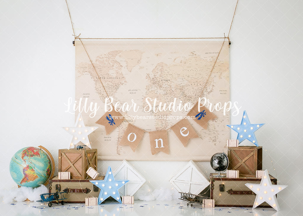All Around The World 'ONE' - Lilly Bear Studio Props, airplane, airplanes, aviator, explorer, Fabric, FABRICS, globe, map, maps, ocean map, stars, travel, vintage map, world traveler, Wrinkle Free Fabric