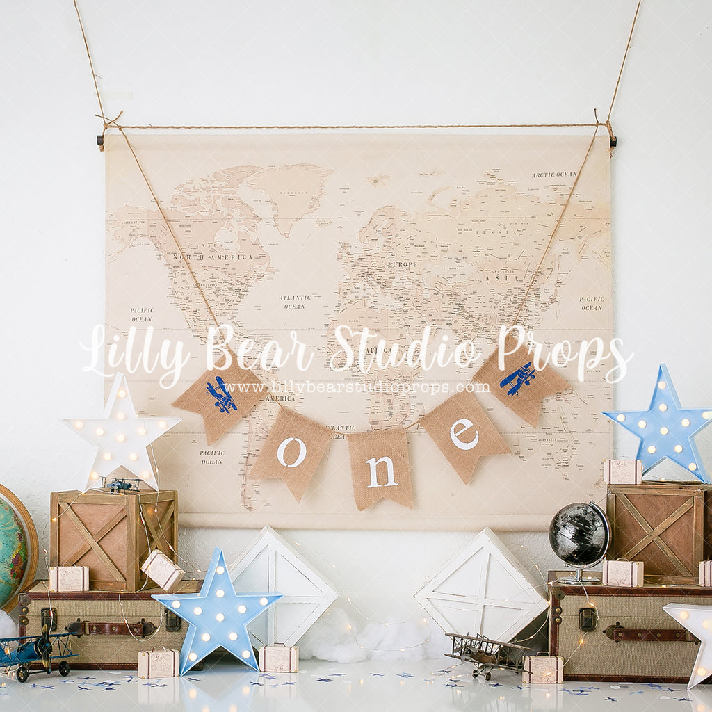 All Around The World 'ONE' - Lilly Bear Studio Props, airplane, airplanes, aviator, explorer, Fabric, FABRICS, globe, map, maps, ocean map, stars, travel, vintage map, world traveler, Wrinkle Free Fabric