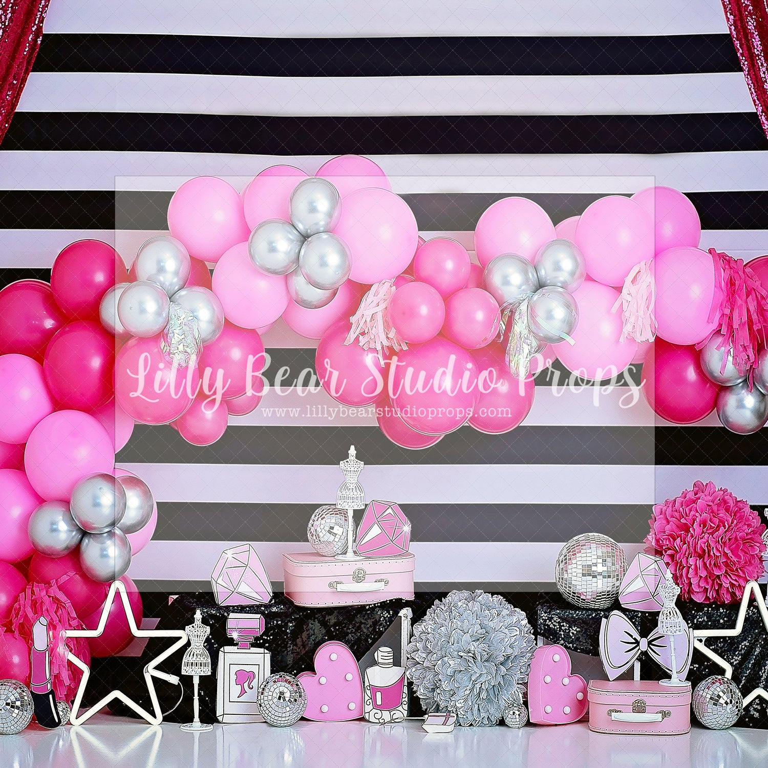 All that Sparkles - Lilly Bear Studio Props, barbie, barbie balloons, barbie doll, black and white stripes, bows, diamonds, Disney princess, Fabric, hearts, lipsticks, little princess, pink, pink and silver, pretty little princess, pretty princess, princess, princess cake smash, princess castle, princess party, princesses, Wrinkle Free Fabric