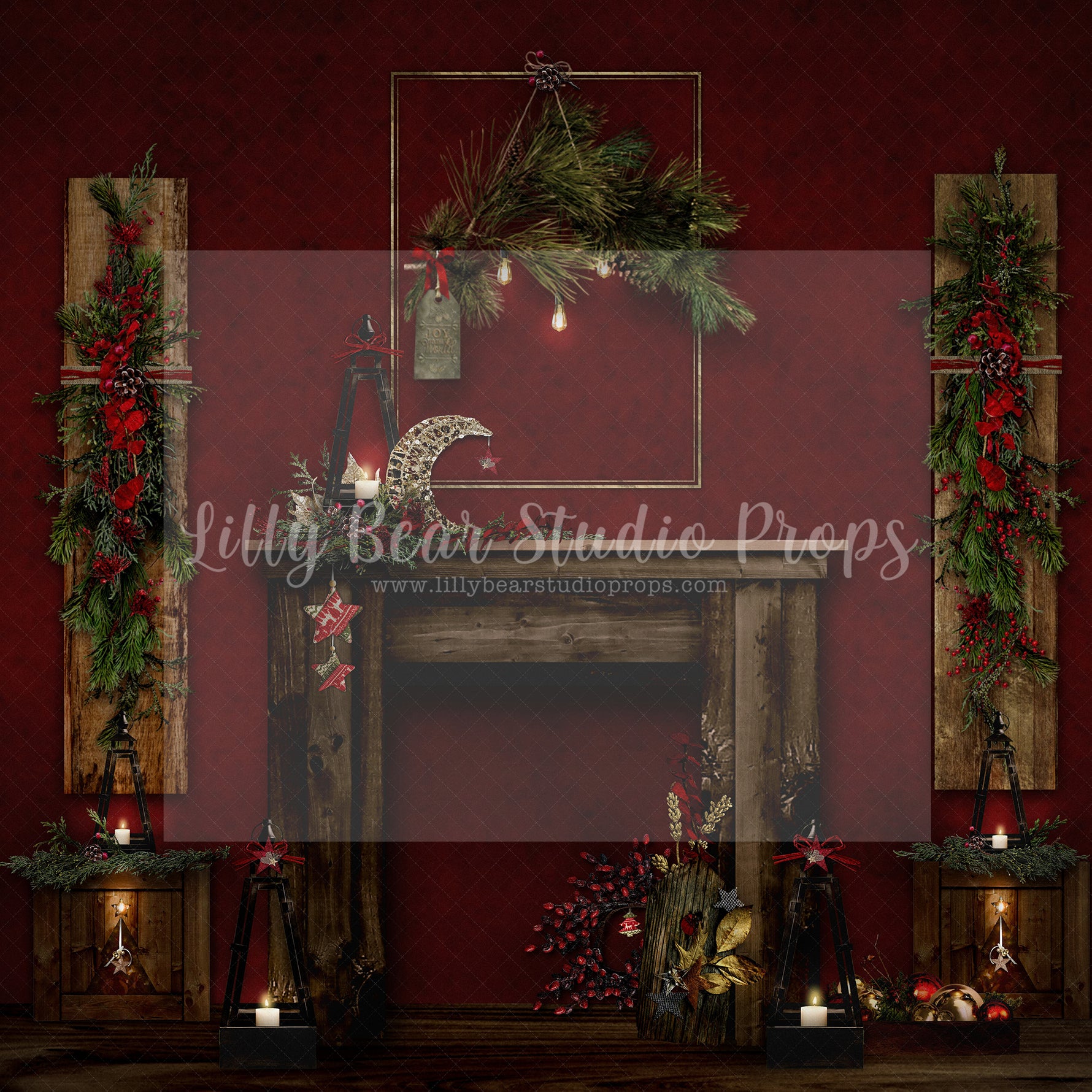 And To All A Goodnight In Cranberry - Lilly Bear Studio Props, boho christmas fireplace, candles, christmas, christmas fireplace, christmas snow, christmas train, Cozy, Decorated, Fabric, FABRICS, Festive, Giving, Holiday, Holy, Hopeful, Joyful, Merry, Peaceful, Peacful, Red & Green, red curtains, red wall, Seasonal, train tracks, tree farm, winter, wreath, Xmas, Yuletide