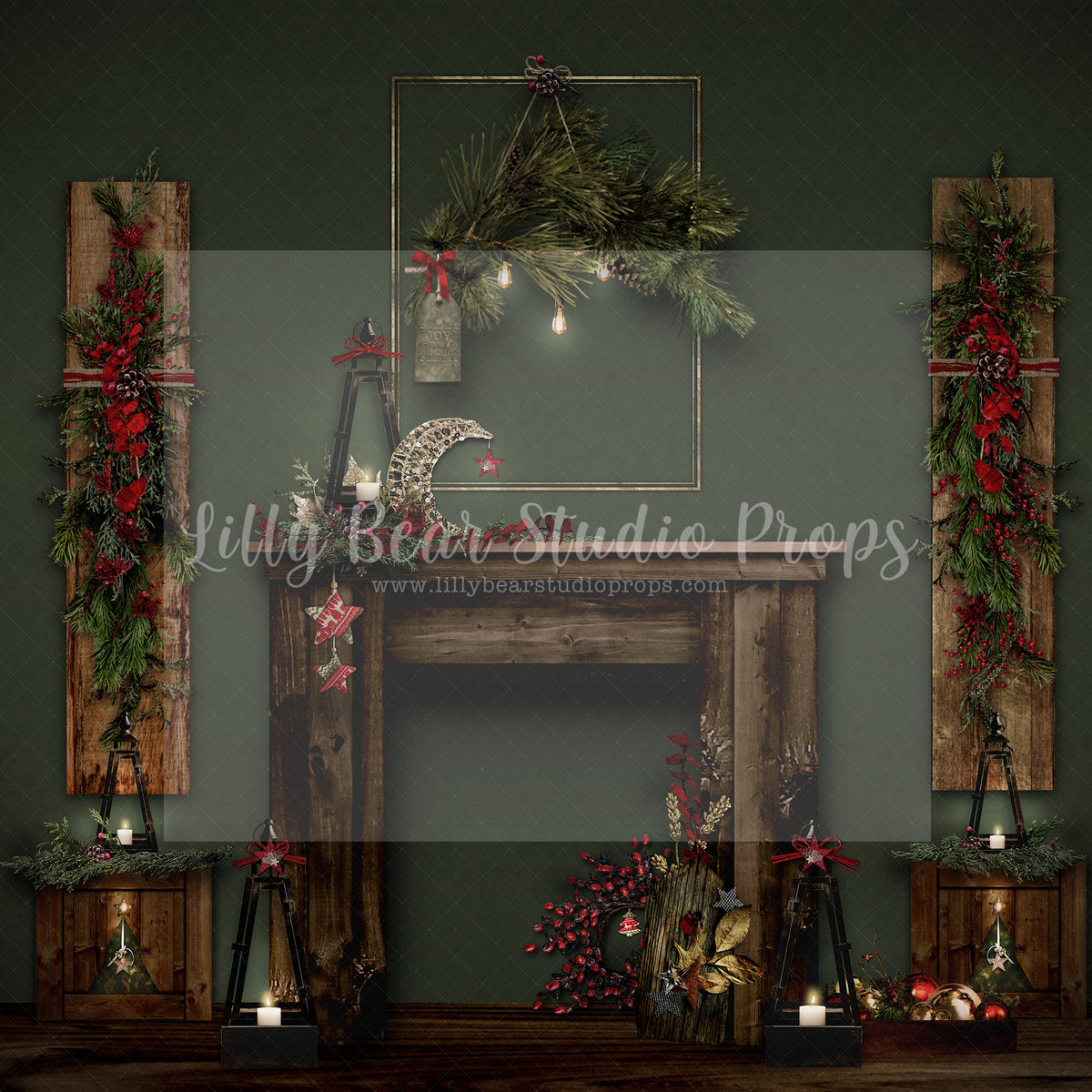 And To All A Goodnight In Green - Lilly Bear Studio Props, boho christmas fireplace, candles, christmas, christmas fireplace, christmas snow, christmas train, Cozy, Decorated, Fabric, FABRICS, Festive, Giving, Holiday, Holy, Hopeful, Joyful, Merry, Peaceful, Peacful, Red & Green, Seasonal, train tracks, tree farm, winter, wreath, Xmas, Yuletide