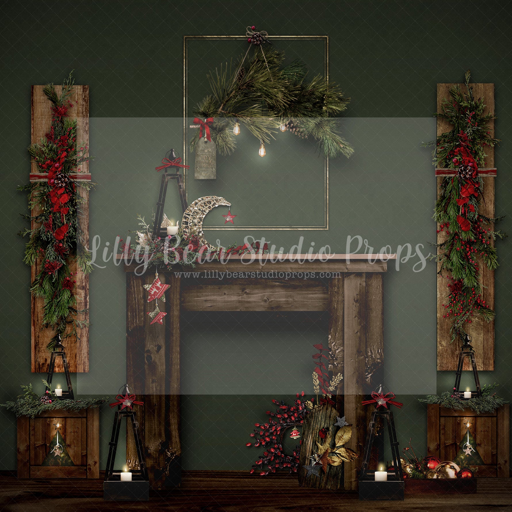 And To All A Goodnight In Green - Lilly Bear Studio Props, boho christmas fireplace, candles, christmas, christmas fireplace, christmas snow, christmas train, Cozy, Decorated, Fabric, FABRICS, Festive, Giving, Holiday, Holy, Hopeful, Joyful, Merry, Peaceful, Peacful, Red & Green, Seasonal, train tracks, tree farm, winter, wreath, Xmas, Yuletide