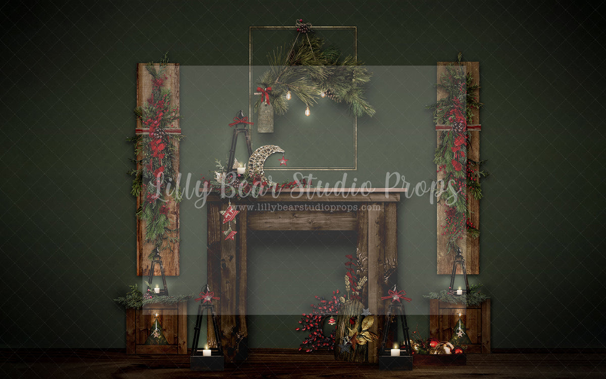 And To All A Goodnight In Green - Lilly Bear Studio Props, boho christmas fireplace, candles, christmas, christmas fireplace, christmas snow, christmas train, Cozy, Decorated, Fabric, FABRICS, Festive, Giving, Holiday, Holy, Hopeful, Joyful, Merry, Peaceful, Peacful, Red & Green, Seasonal, train tracks, tree farm, winter, wreath, Xmas, Yuletide