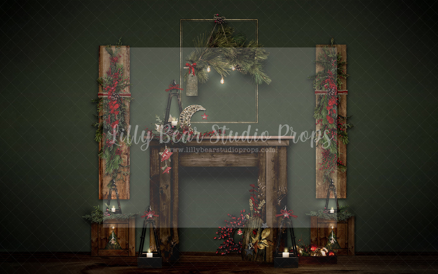 And To All A Goodnight In Green - Lilly Bear Studio Props, boho christmas fireplace, candles, christmas, christmas fireplace, christmas snow, christmas train, Cozy, Decorated, Fabric, FABRICS, Festive, Giving, Holiday, Holy, Hopeful, Joyful, Merry, Peaceful, Peacful, Red & Green, Seasonal, train tracks, tree farm, winter, wreath, Xmas, Yuletide