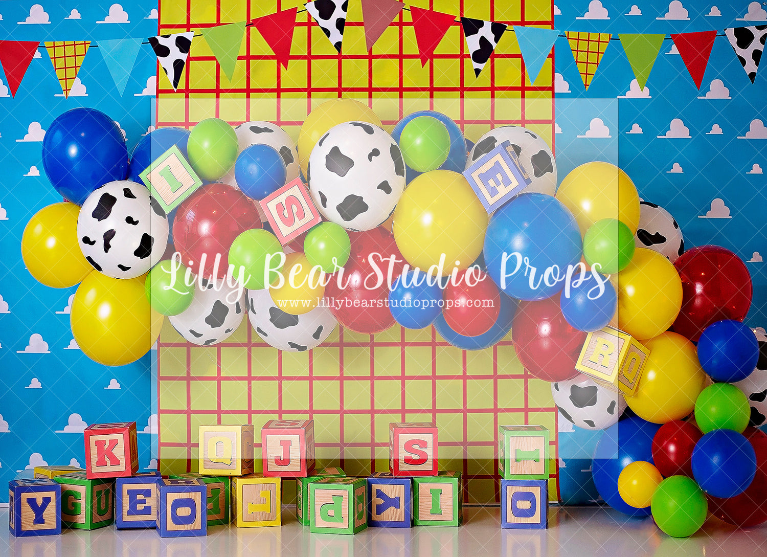 Andy's Block Party - Lilly Bear Studio Props, andy's room, buzz lightyear, clouds, crown moulding, Fabric, forky, gabby gabby, jessie, kids play room, kids room, little bo-peep, moulding, mr. potato head, play room, potato head, sheriff woody, sky, slinky dog, toy story, toy story buzz lightyear, toy story woody, woody, Wrinkle Free Fabric