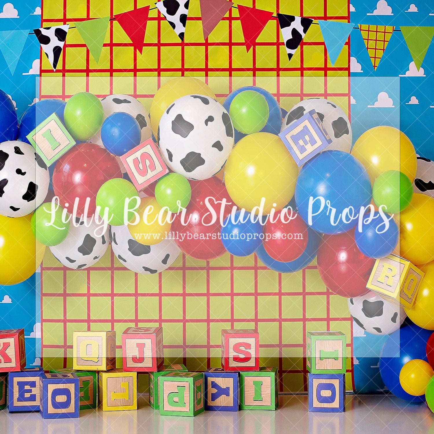 Andy's Block Party - Lilly Bear Studio Props, andy's room, buzz lightyear, clouds, crown moulding, Fabric, forky, gabby gabby, jessie, kids play room, kids room, little bo-peep, moulding, mr. potato head, play room, potato head, sheriff woody, sky, slinky dog, toy story, toy story buzz lightyear, toy story woody, woody, Wrinkle Free Fabric