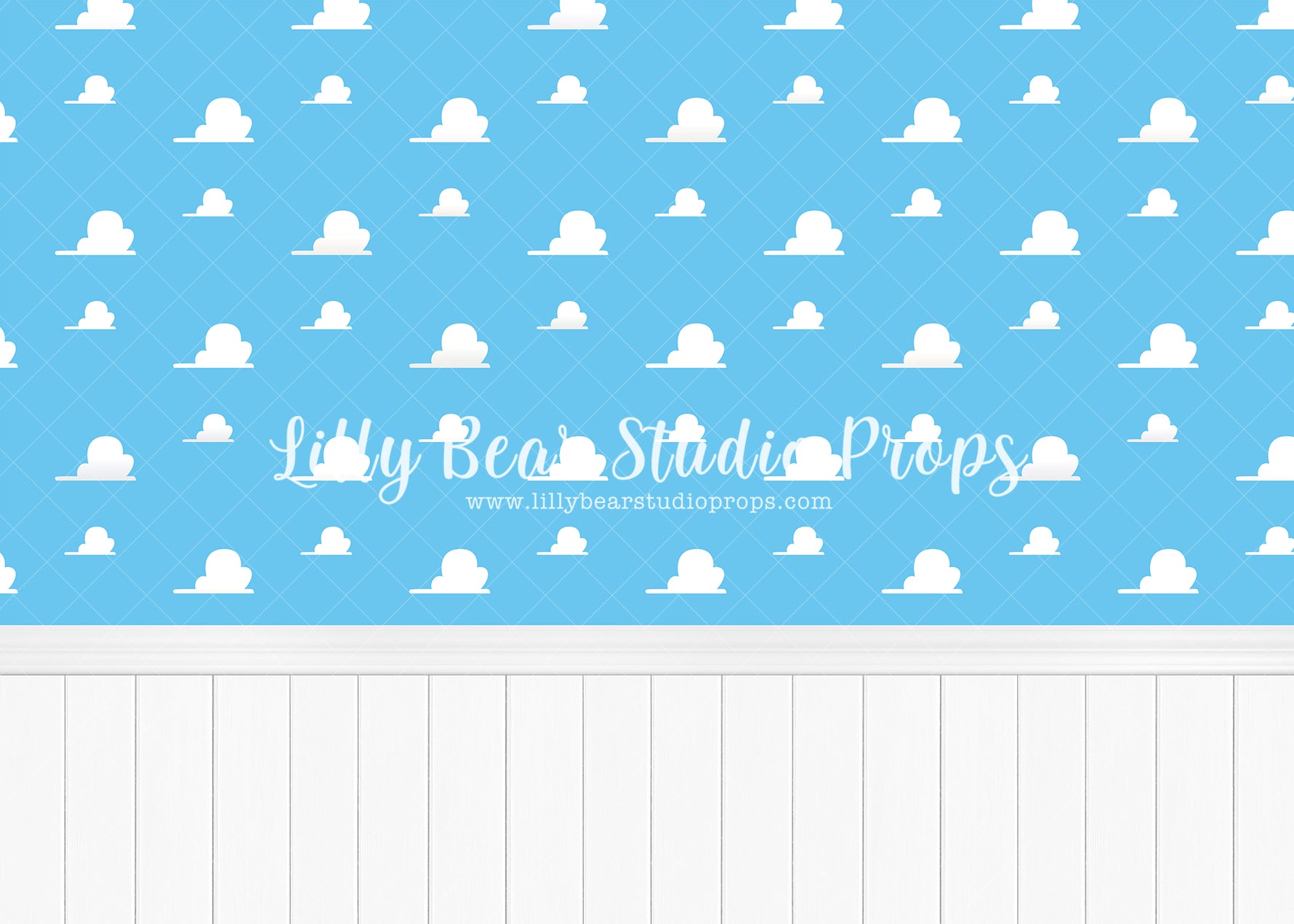Andy's Room - Lilly Bear Studio Props, andy's room, buzz lightyear, clouds, crown moulding, Fabric, forky, gabby gabby, jessie, kids play room, kids room, little bo-peep, moulding, mr. potato head, play room, potato head, sheriff woody, sky, slinky dog, toy story, toy story buzz lightyear, toy story woody, woody, Wrinkle Free Fabric