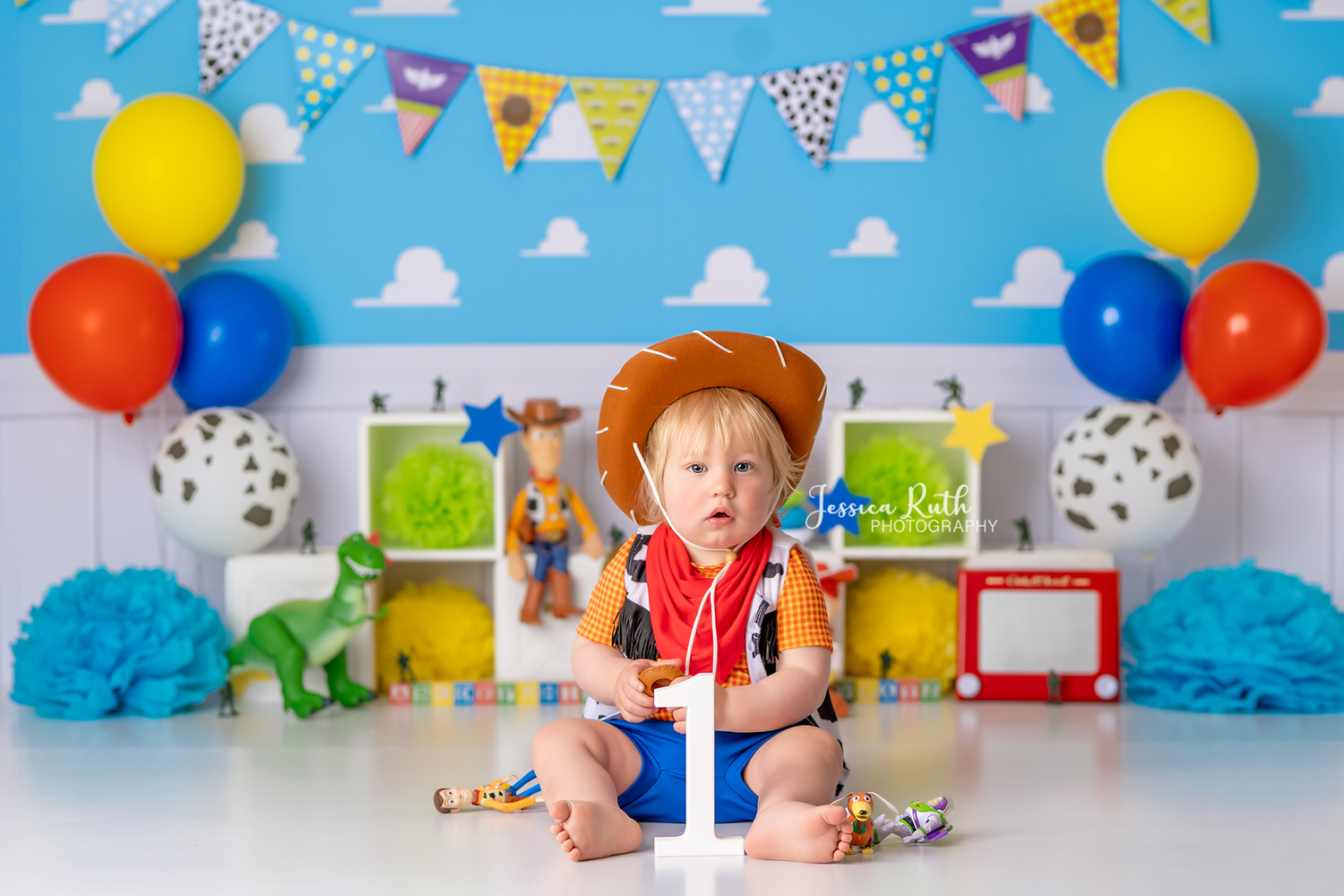 Andy's Room - Lilly Bear Studio Props, andy's room, buzz lightyear, clouds, crown moulding, Fabric, forky, gabby gabby, jessie, kids play room, kids room, little bo-peep, moulding, mr. potato head, play room, potato head, sheriff woody, sky, slinky dog, toy story, toy story buzz lightyear, toy story woody, woody, Wrinkle Free Fabric