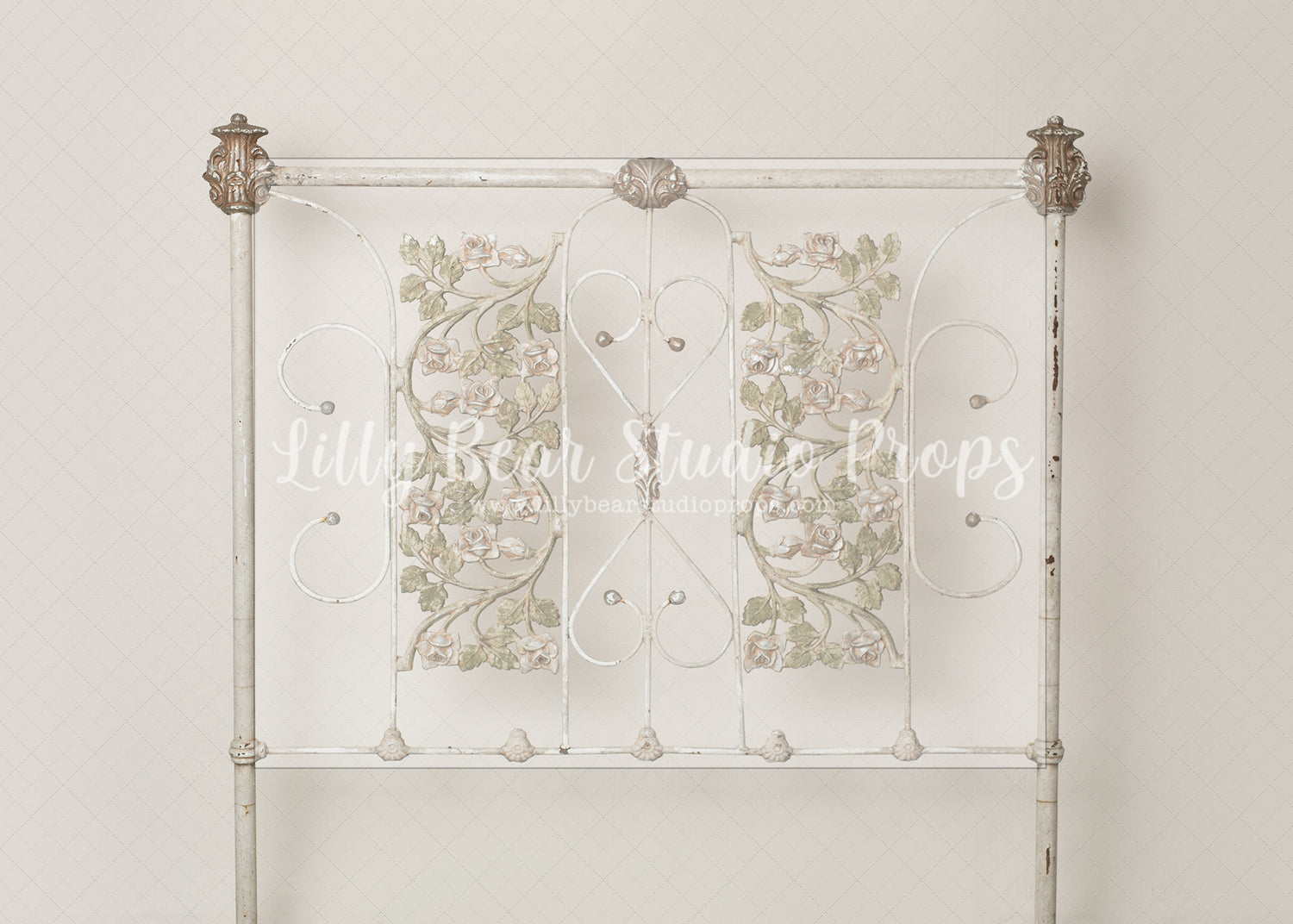 Antique Iron Headboard - Lilly Bear Studio Props, FABRICS, fancy headboard, headboard, vintage headboard, white headboard