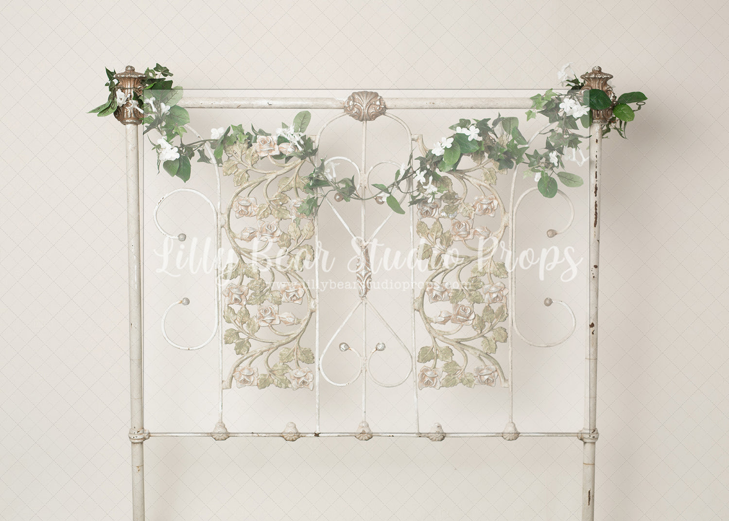 Antique Iron Headboard-Floral Garland - Lilly Bear Studio Props, FABRICS, fancy headboard, headboard, vintage headboard, white headboard