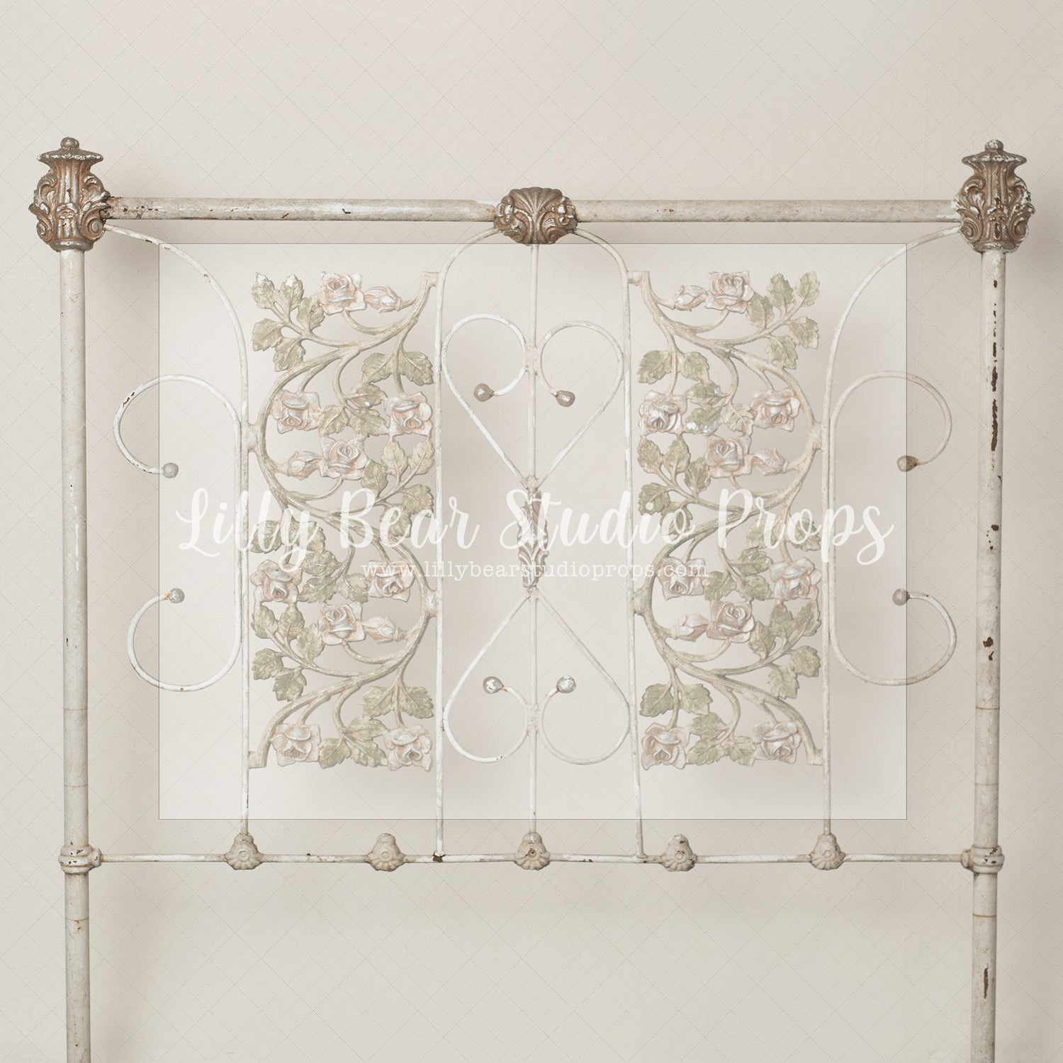 Antique Iron Headboard - Lilly Bear Studio Props, FABRICS, fancy headboard, headboard, vintage headboard, white headboard