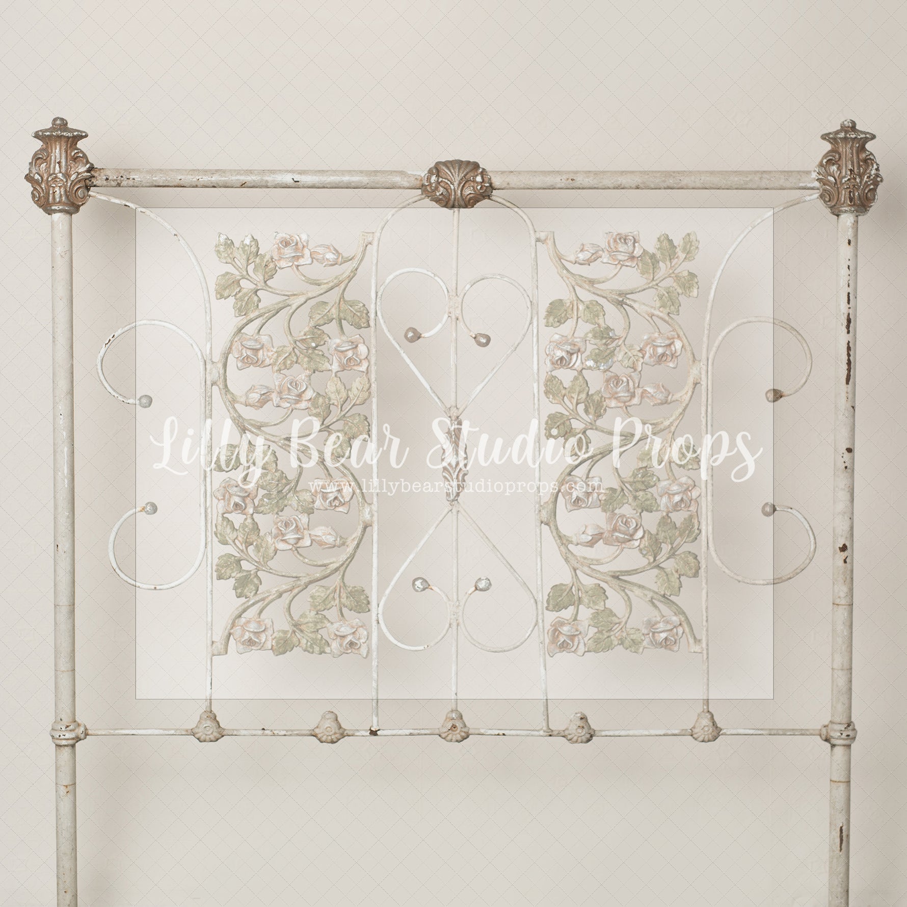 Antique Iron Headboard - Lilly Bear Studio Props, FABRICS, fancy headboard, headboard, vintage headboard, white headboard