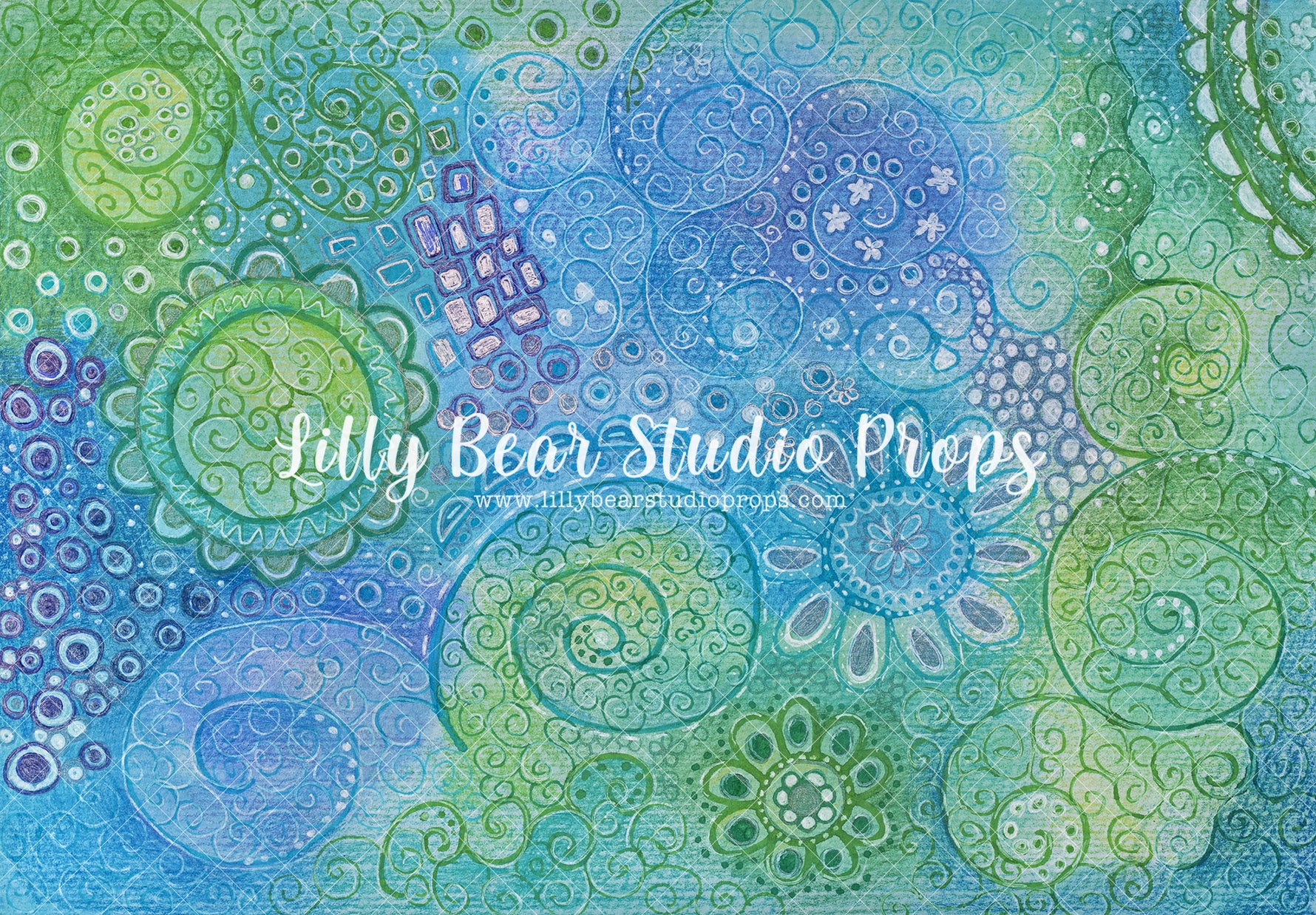 Aqua Doodles - Lilly Bear Studio Props, abstract floral, artistic floral, blue, blue floral, fabric, floral, girls, green, green and blue, hippie, pink, poly, vinyl, Wrinkle Free Fabric