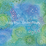 Aqua Doodles - Lilly Bear Studio Props, abstract floral, artistic floral, blue, blue floral, fabric, floral, girls, green, green and blue, hippie, pink, poly, vinyl, Wrinkle Free Fabric